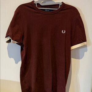 Fred Perry Men's Dark Red T-Shirt with White Accents